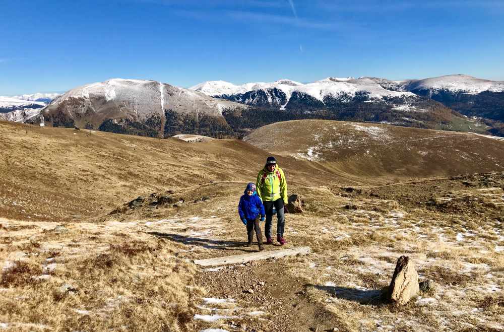 Über die Almwiesen wandern wir hinauf. Je höher wir kommen, desto mehr Schneegipfel sehen wir am Horizont