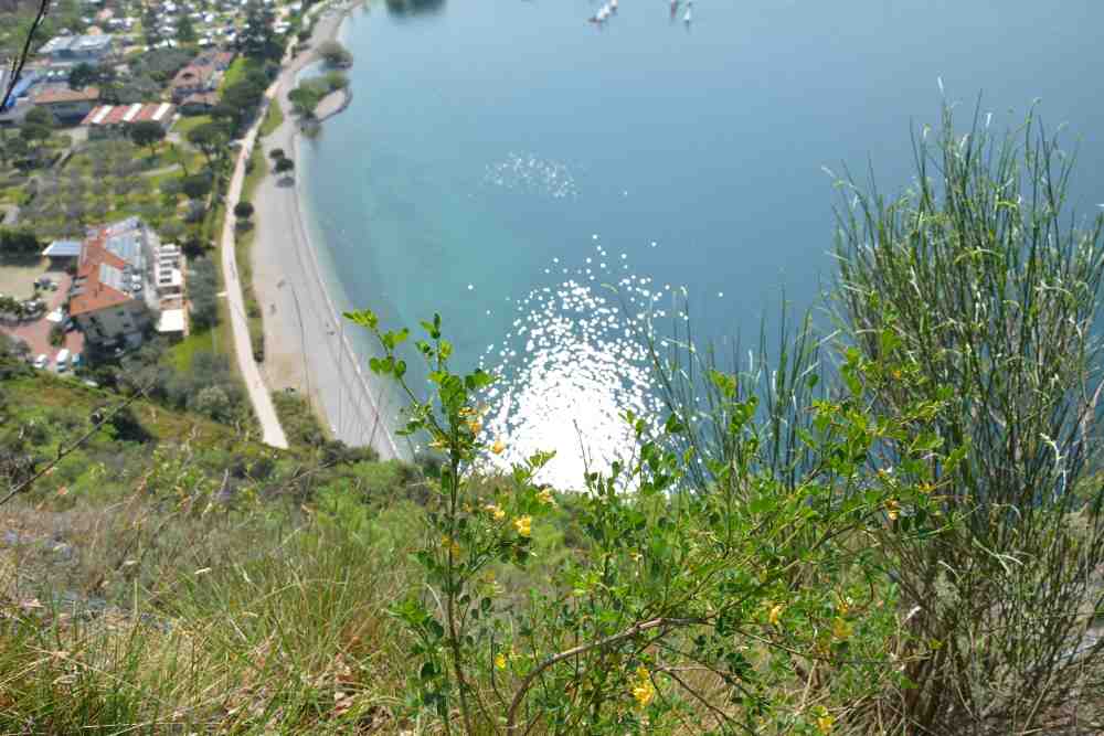 Am Monte Brione schauen wir hinunter auf den Gardasee und den Strand 