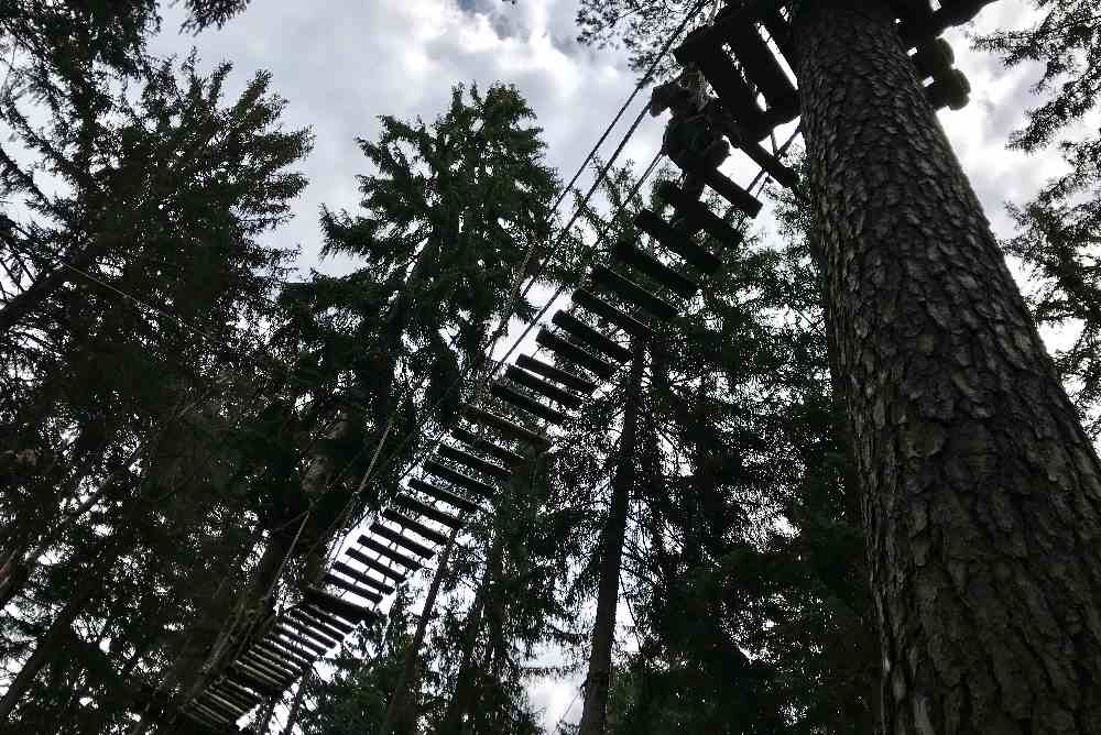 Bis zu 17 Meter hoch sind die Routen im Kletterwald in Garmisch Partenkirchen