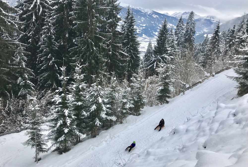 Der Blick auf die tolle Abfahrt auf der Rodelbahn Goglhof im Zillertal 