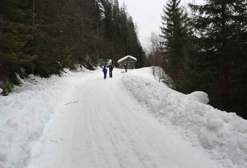 Rodelbahnn Gosau: Die letzten Meter der Winterwanderung. An der Holzhütte hängen außen alte Schlitten. 