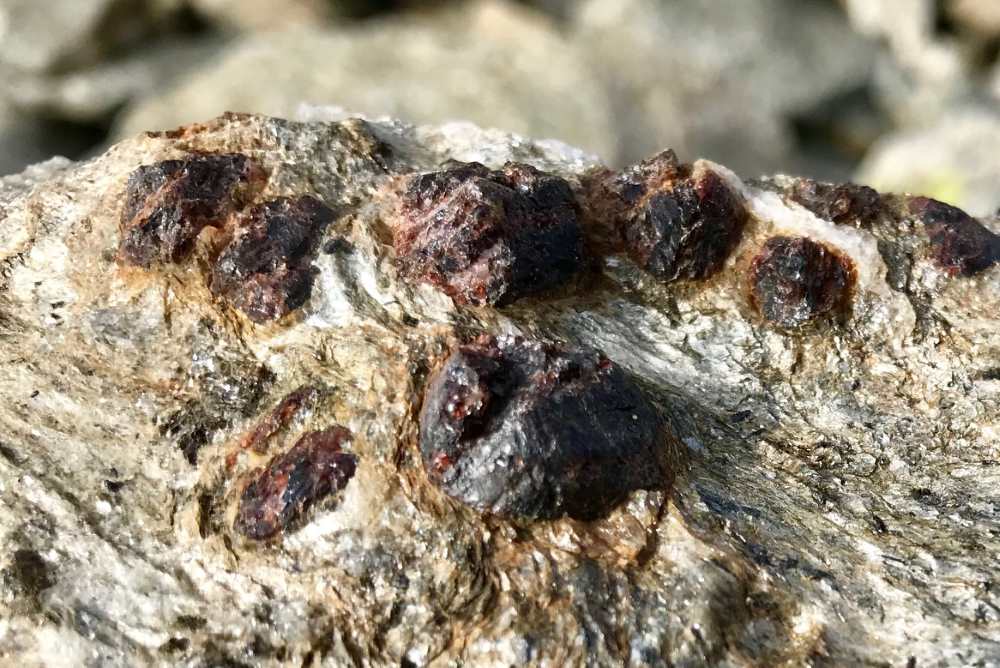 Diese Granatsteine sind schon an der Oberfläche zu sehen, meist sind sind als "Hügel" im Stein verborgen