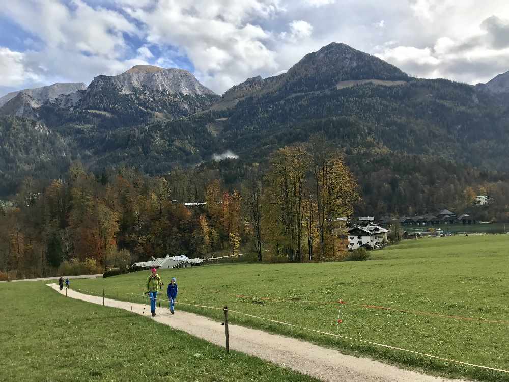 Grünstein Königssee: Vom See führt uns der Wanderweg über diese grüne Wiese, hinten im Bild der Jenner