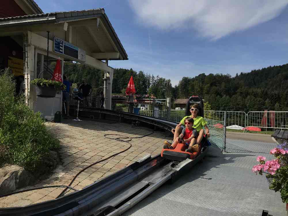 Im Tal in die Sommerrodelbahn einsteigen und im Schlitten nach oben ziehen lassen