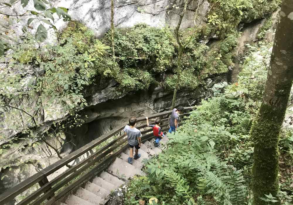 Über die steilen Stufen wandern wir hinunter in die Dunkelklamm 