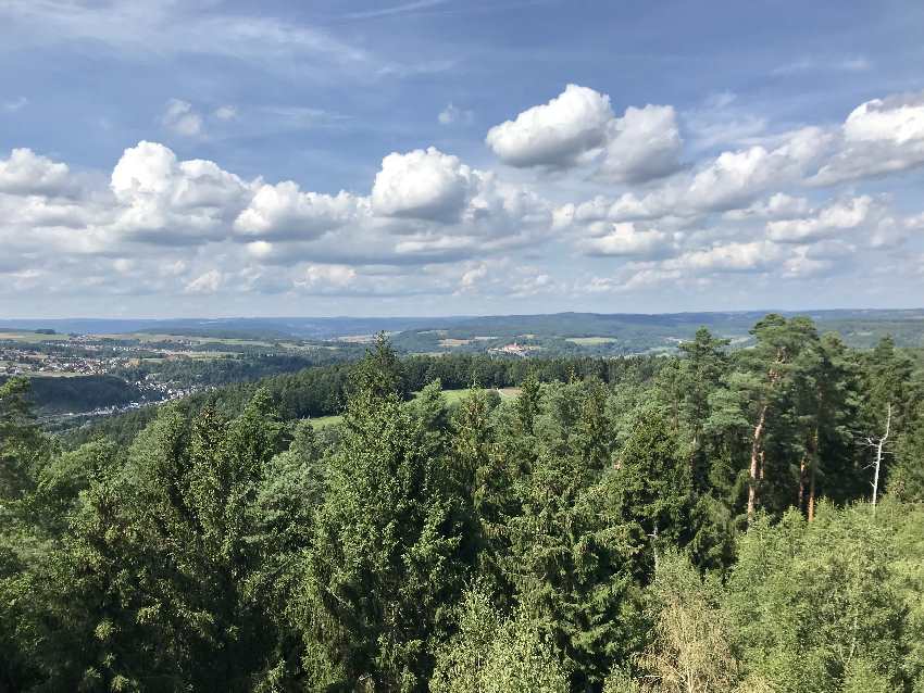 Das ist ein Teil der Aussicht vom Lucas Cranach Turm über den Frankenwald und Kronach