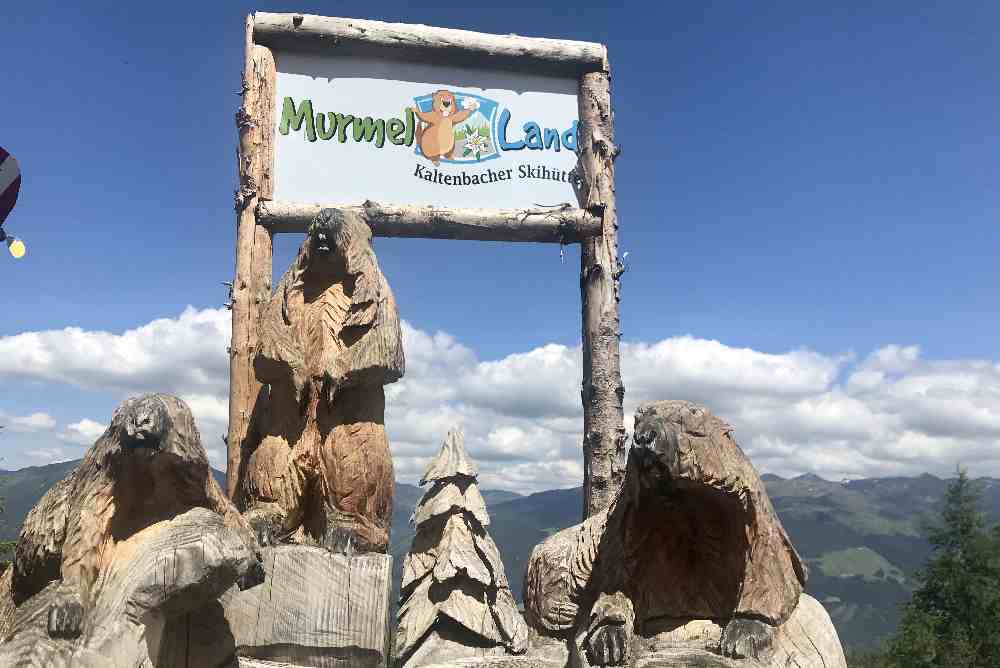 Am Eingang zum Murmelland Spielplatz begrüßen uns die Murmeltiere aus Holz...