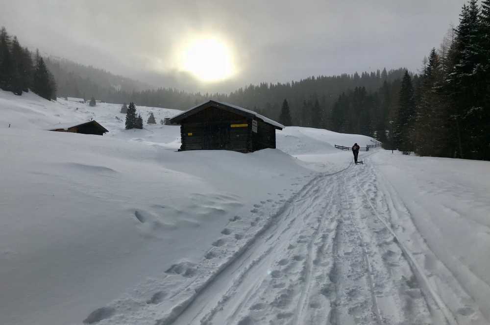 Rodelbahn Obernberger See: Bei den Almen unterhalb vom Obernberger See versucht die Sonne kurz mal ein paar Strahlen zu schicken. 