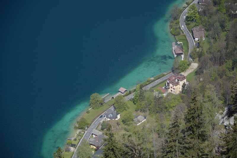 Türkisblau schimmert der Attersee am Ufer 