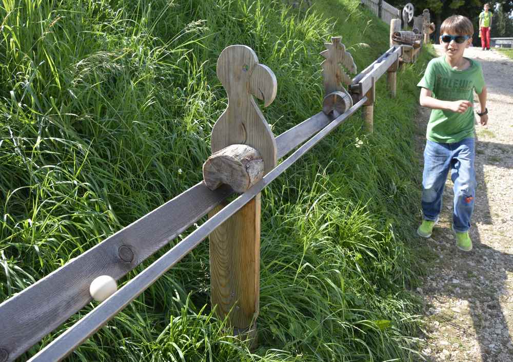 Unterhalb der Greifvogelschau kommen wir auf den Spielplatz mit der Kugelbahn