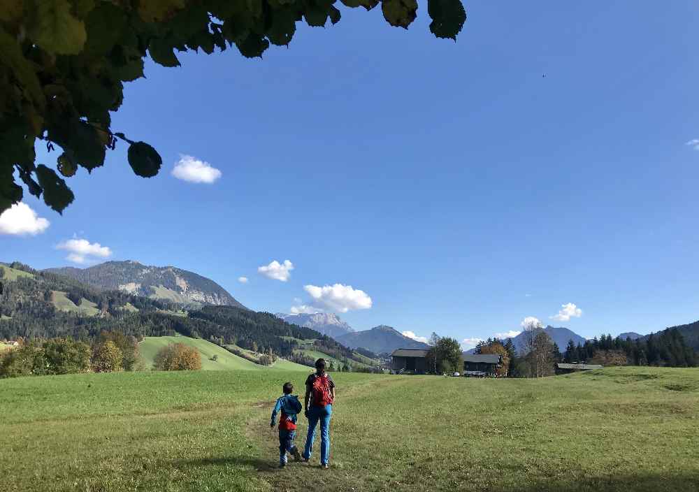 Über die Wiesen führt die Wanderung von St. Johann zum Wasserfall