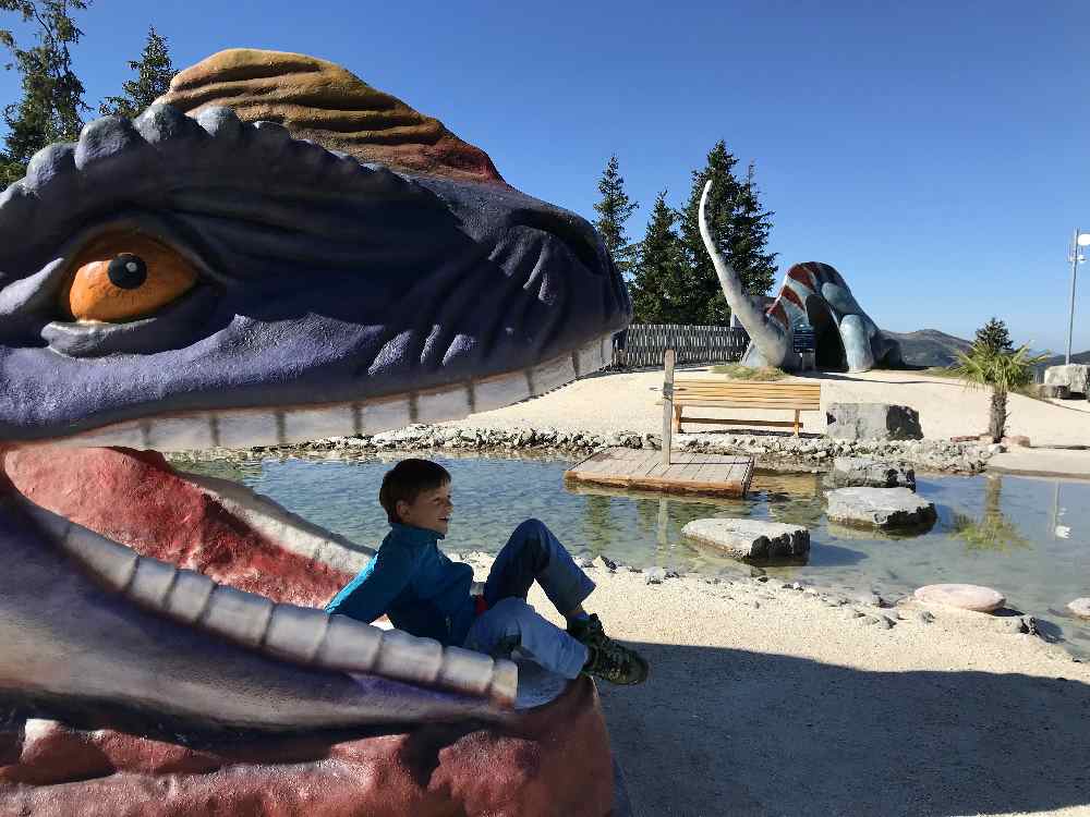 Spielplatz Tirol:  Auf der Steinplatte mit Dinosaurier Rutsche! 