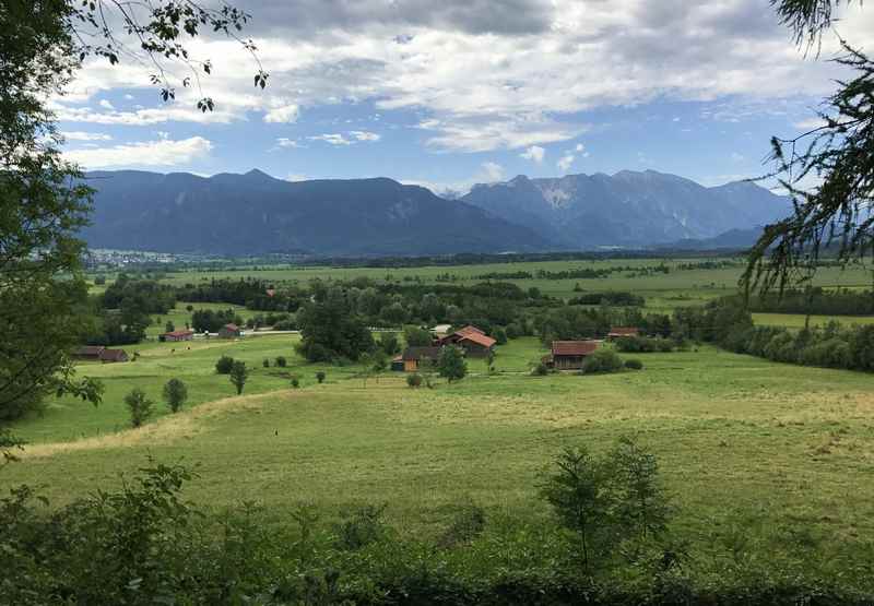 Murnau wandern mit Kindern: Zwischen den Eichen gibt es diese Aussicht auf das Murnauer Moos, hinten das Wettersteingebirge