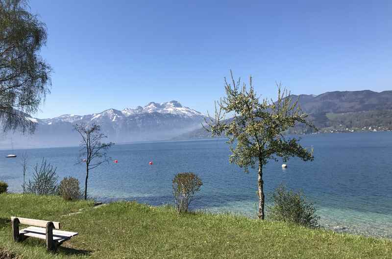 Dann führt der Radweg direkt am Attersee - Ufer entlang. Dieser Ausblick begleitet uns auf der Radtour mit Kindern