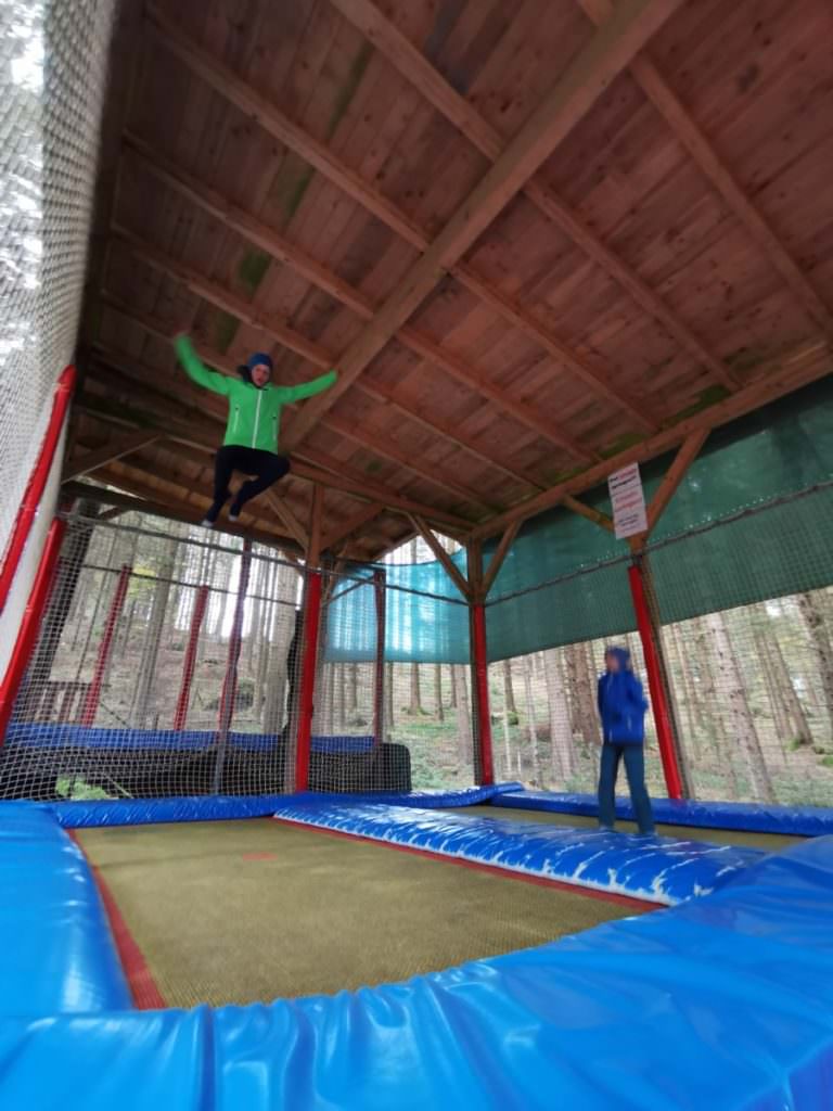 Das lieben Kinder beim Baumkronenweg Kopfing: Riesige Trampoline, mit denen man extra hoch springen kann