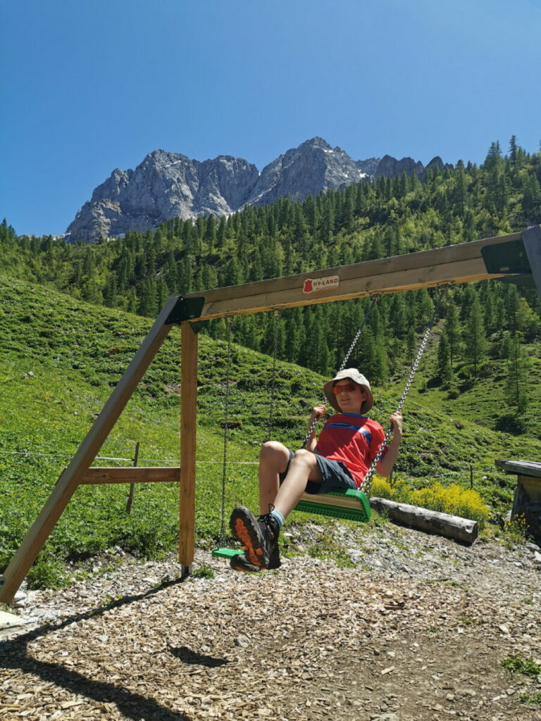 Gleich oberhalb der Hütte ist der kleine Spielplatz mit Schaukel und den Tieren