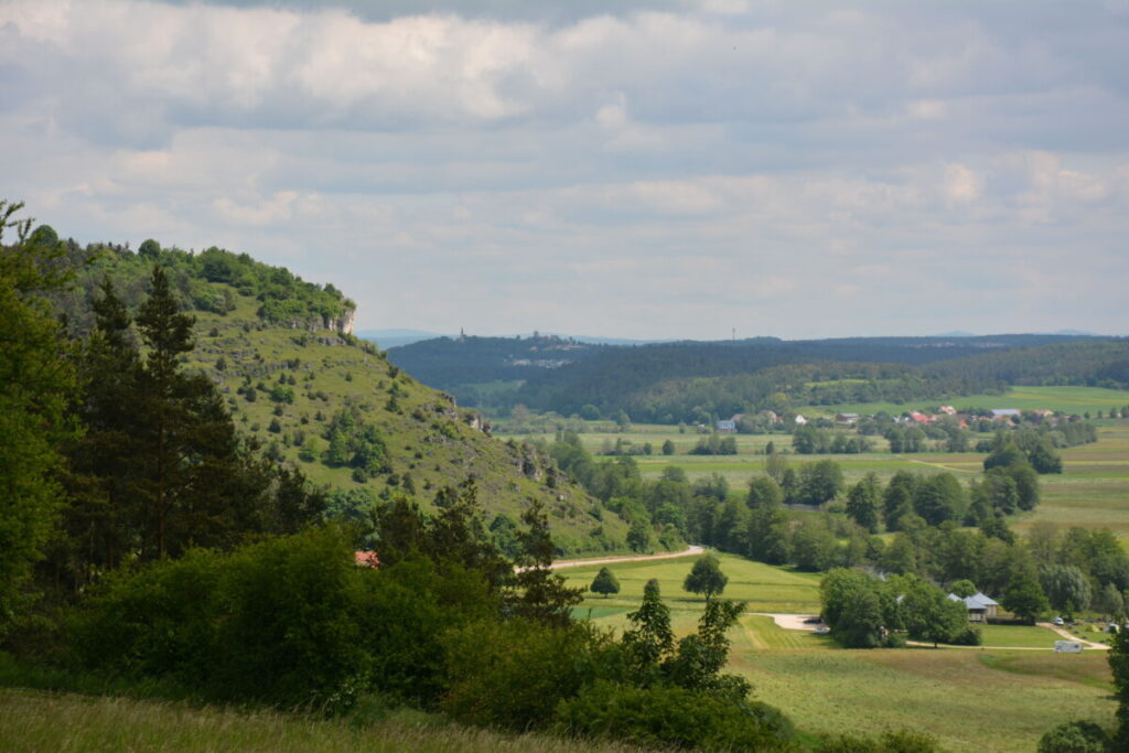 Ausblick von der Burgruine Kallmünz über das Naabtal zur Burg in Burglengenfeld