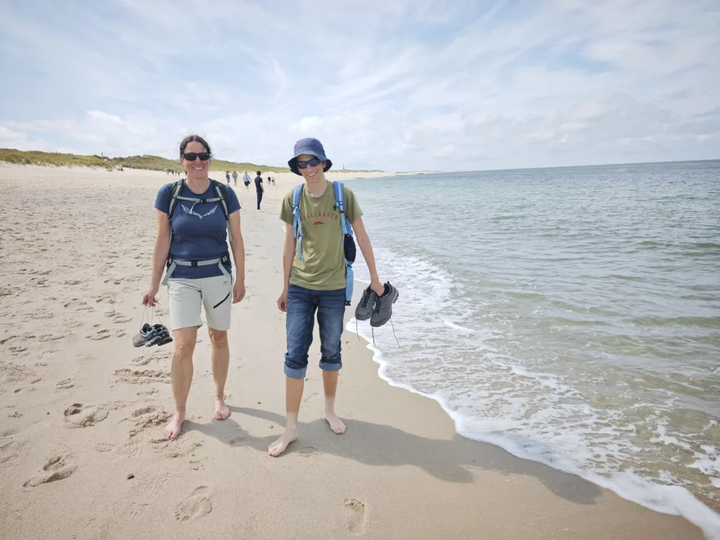 Weiter weißer Sandstrand mit Dünen und Schafen