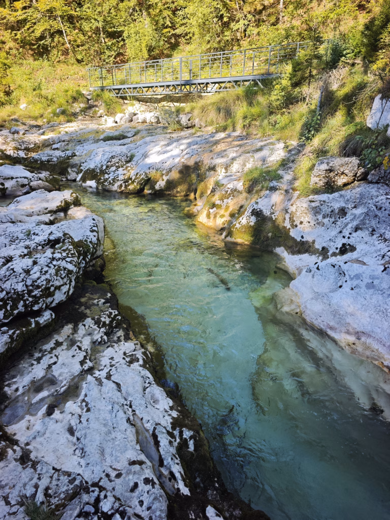 Der Wandersteig führt direkt am Wasser durch die Mostnica-Schlucht