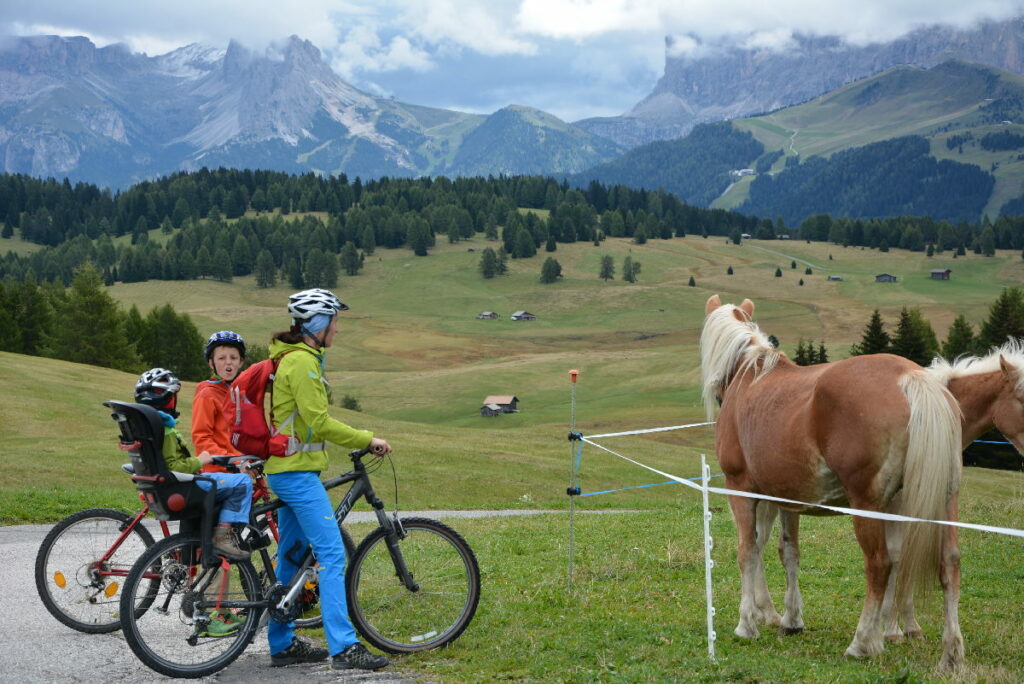 Mountainbiken mit Kindern in Südtirol: Der Kleine im Fahrradsitz, der Große fährt selbst