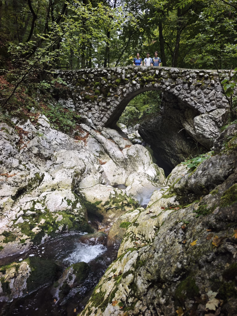 Hinter dem Kassenhaus startet der Weg über die Teufelsbrücke hinauf zum Savica-Wasserfall