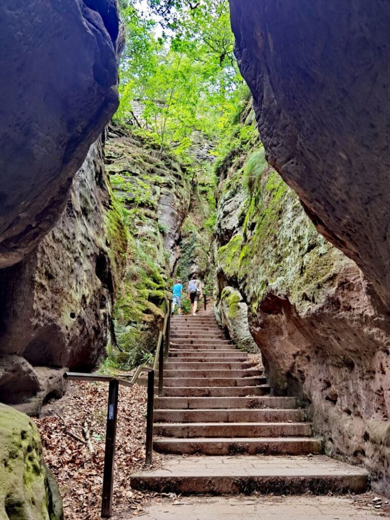 Viele Stufen begleiten dich durch mystische Felsen auf der Schwedenlöcher Wanderung 