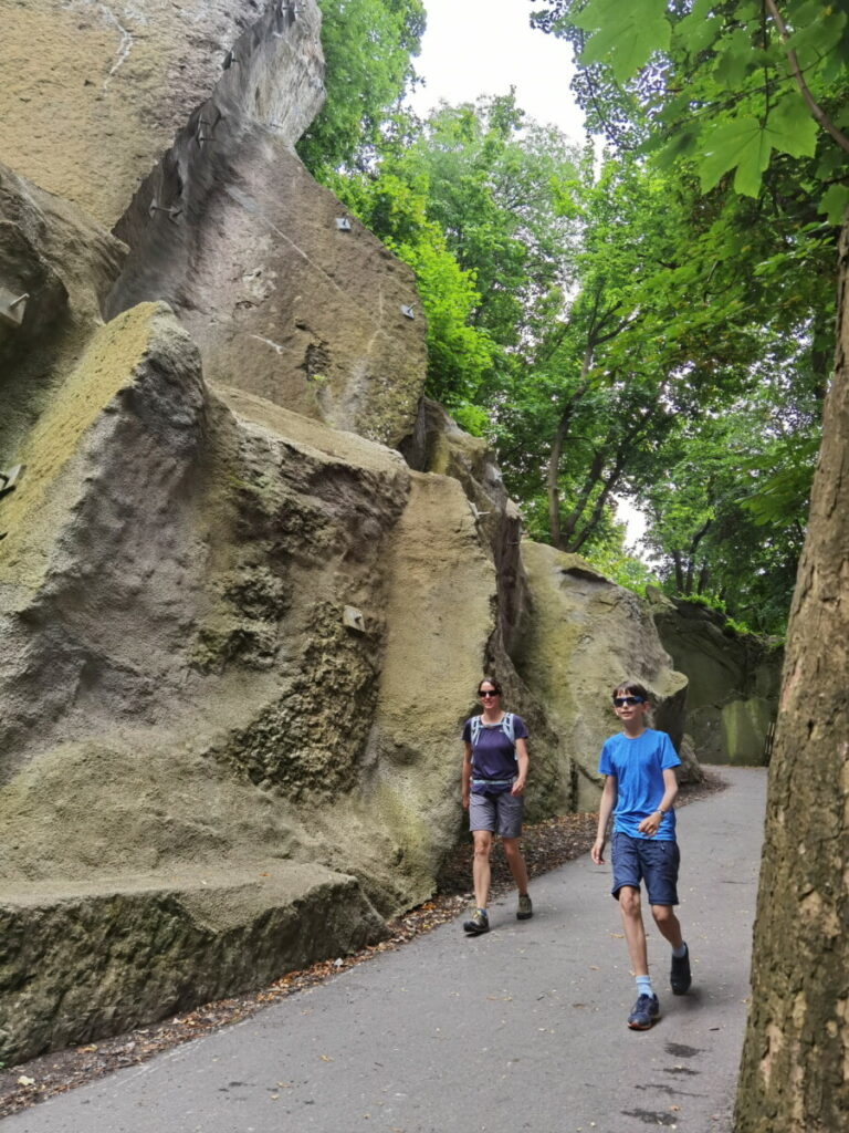 Spannend zu wandern am Drachenfels mit Kindern - oben geht es durch die Felsen durch